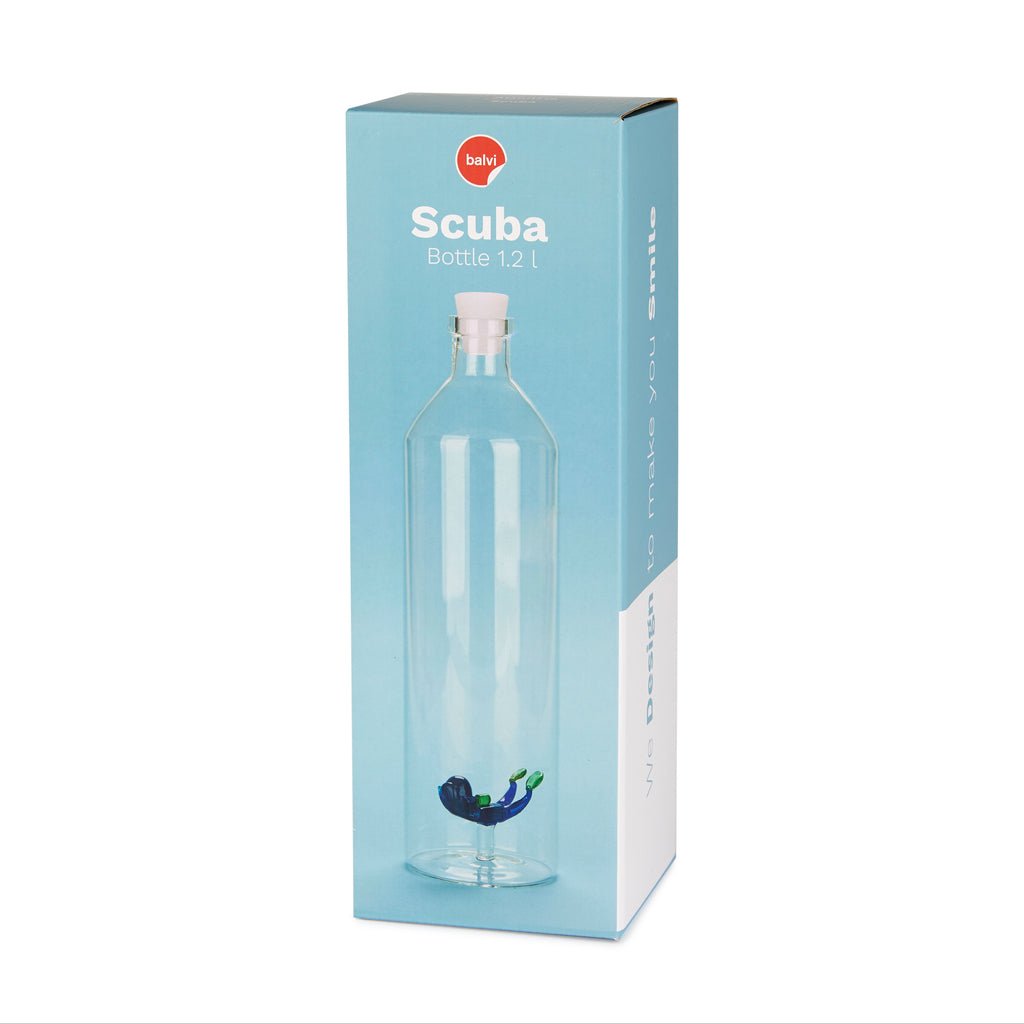 Balvi Atlantis Scuba Dalgıç Detaylı 1200 ml Borosilikat Cam Şişe, Şeffaf/Mavi - Görsel 4