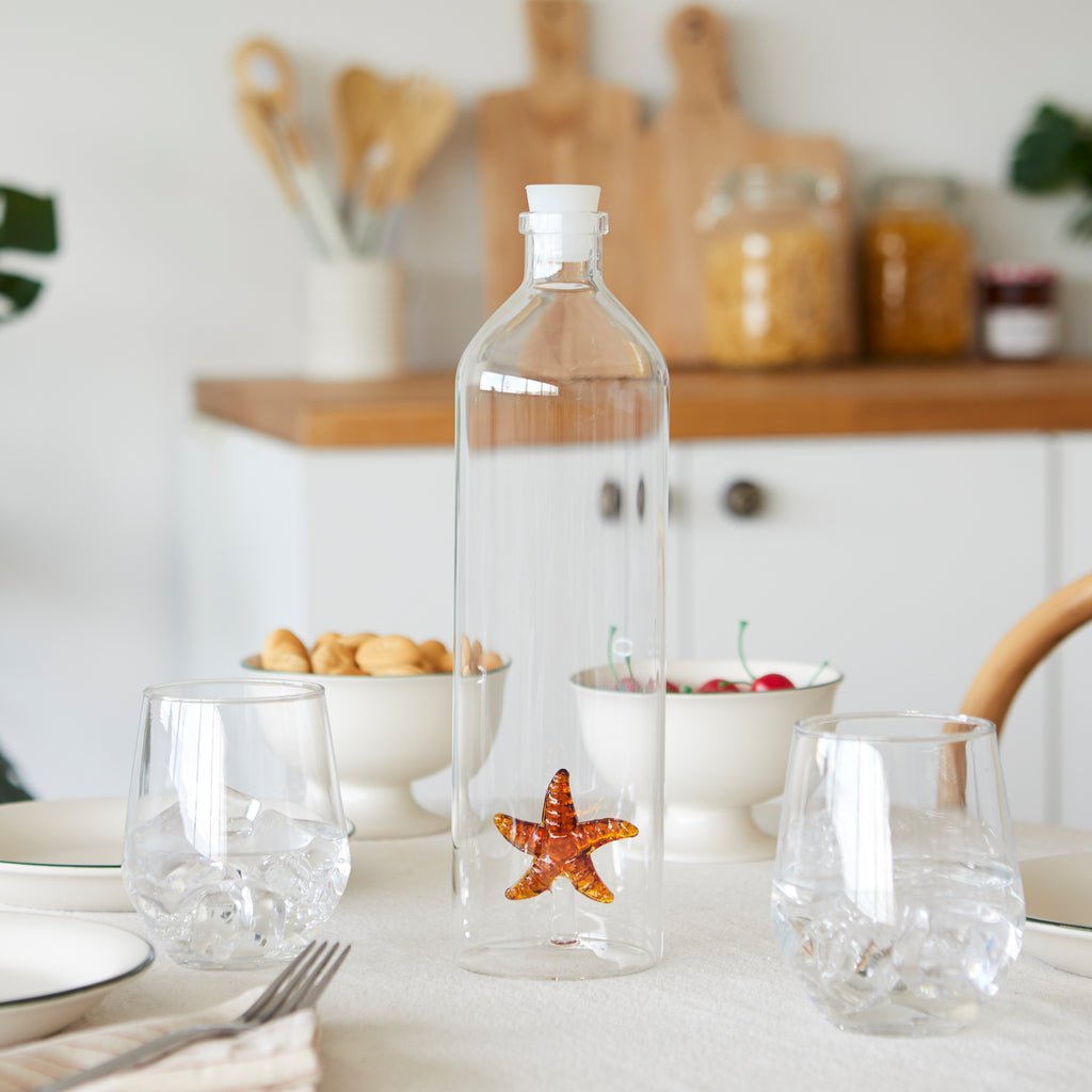 Balvi Atlantis Starfish Deniz Yıldızı Detaylı 1200 ml Borosilikat Cam Şişe, Şeffaf/Turuncu - Görsel 4