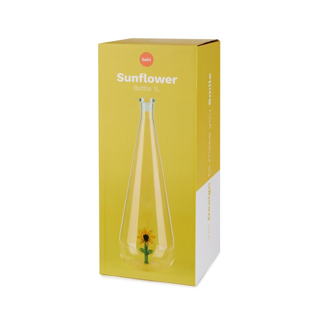 Balvi Botanical Sunflower Ayçiçeği Detaylı 1000 ml Borosilikat Cam Şişe, Şeffaf/Sarı - Görsel 4