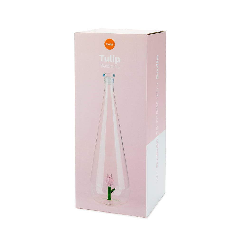Balvi Botanical Tulip Lale Detaylı 1000 ml Borosilikat Cam Şişe, Şeffaf/Pembe - Görsel 4