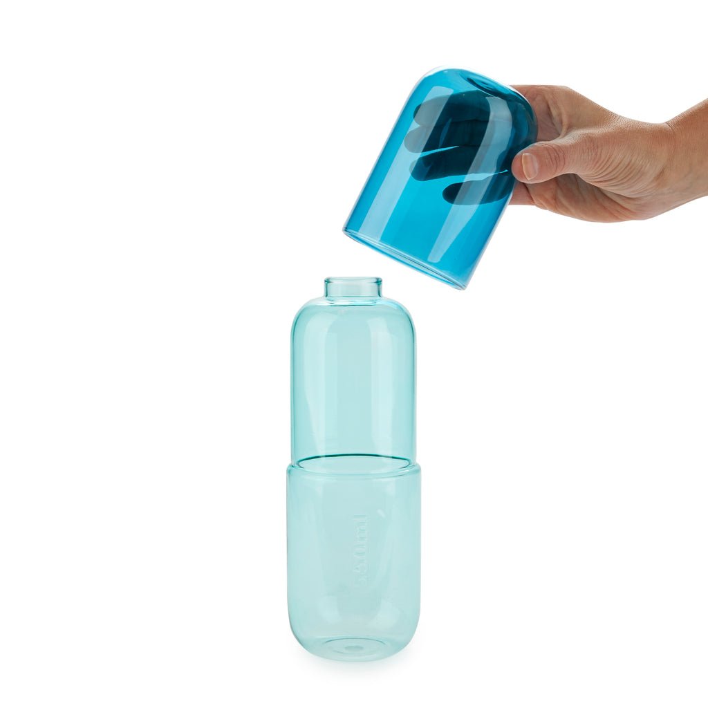 Balvi Water Pill Hap Tasarımlı 550 ml Cam Şişe ve Bardak Seti, Mavi - Görsel 5