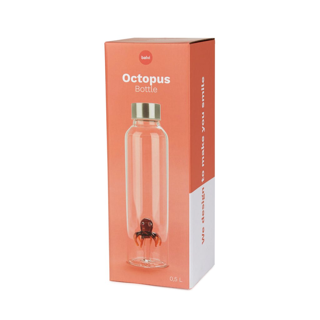 Balvi Atlantis Octopus Ahtapot Detaylı 500 ml Borosilikat Cam Matara, Şeffaf/Turuncu - Görsel 4