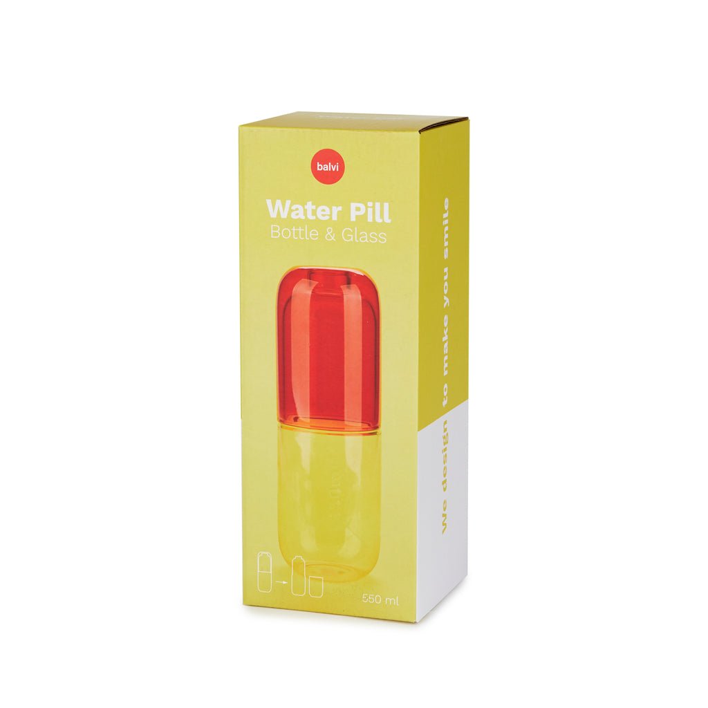 Balvi Water Pill Hap Tasarımlı 550 ml Cam Şişe ve Bardak Seti, Kırmızı/Sarı - Görsel 5