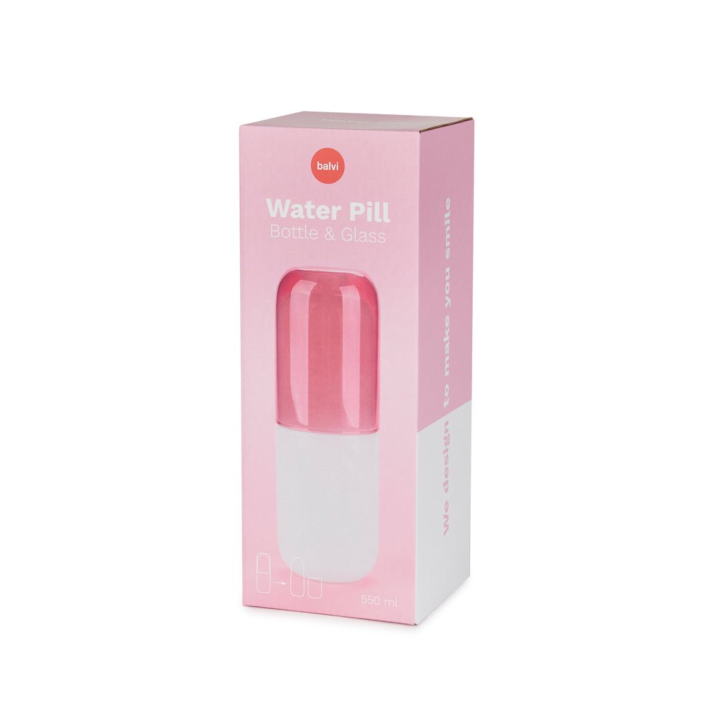 Balvi Water Pill Hap Tasarımlı 550 ml Cam Şişe ve Bardak Seti, Beyaz/Pembe - Görsel 4