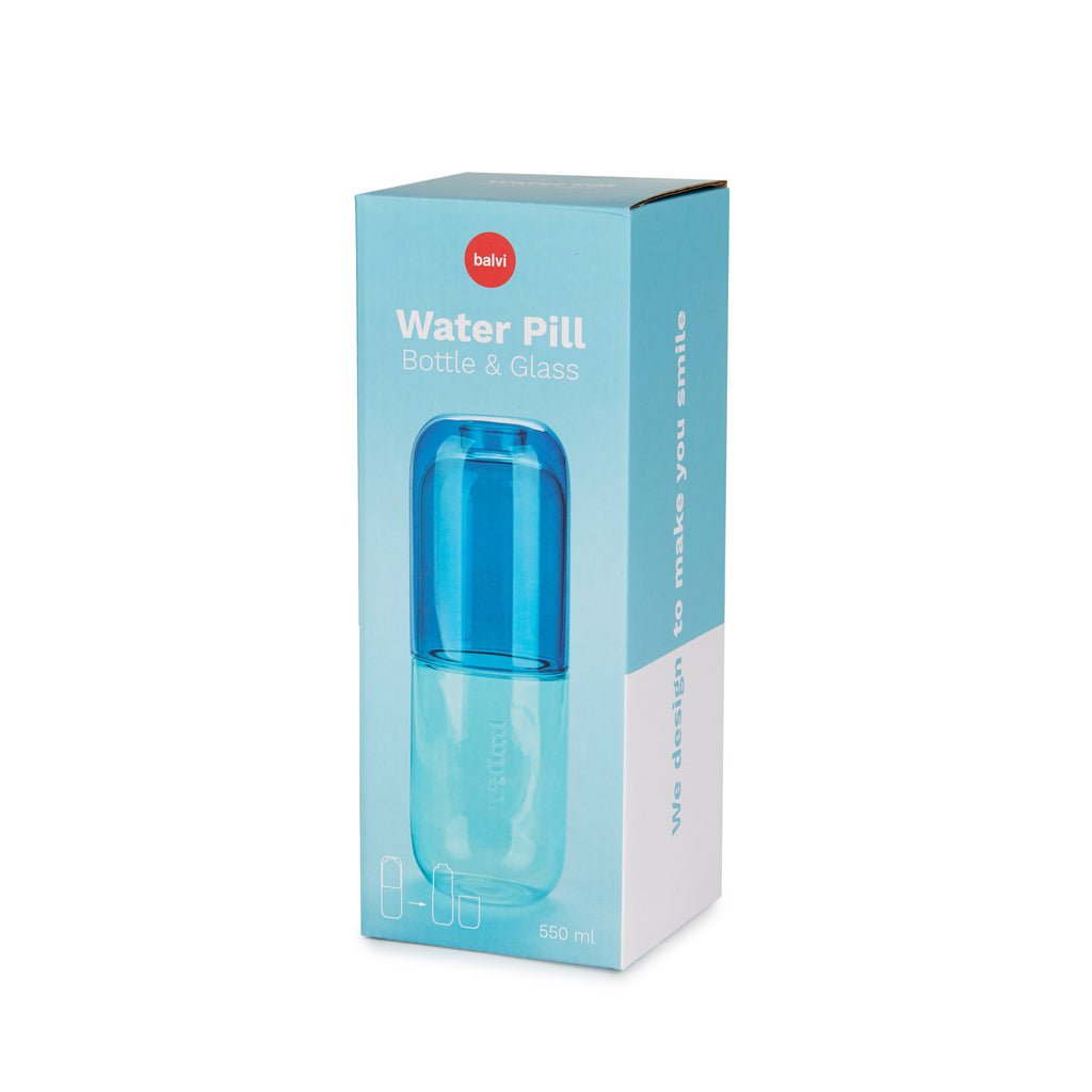 Balvi Water Pill Hap Tasarımlı 550 ml Cam Şişe ve Bardak Seti, Mavi - Görsel 4