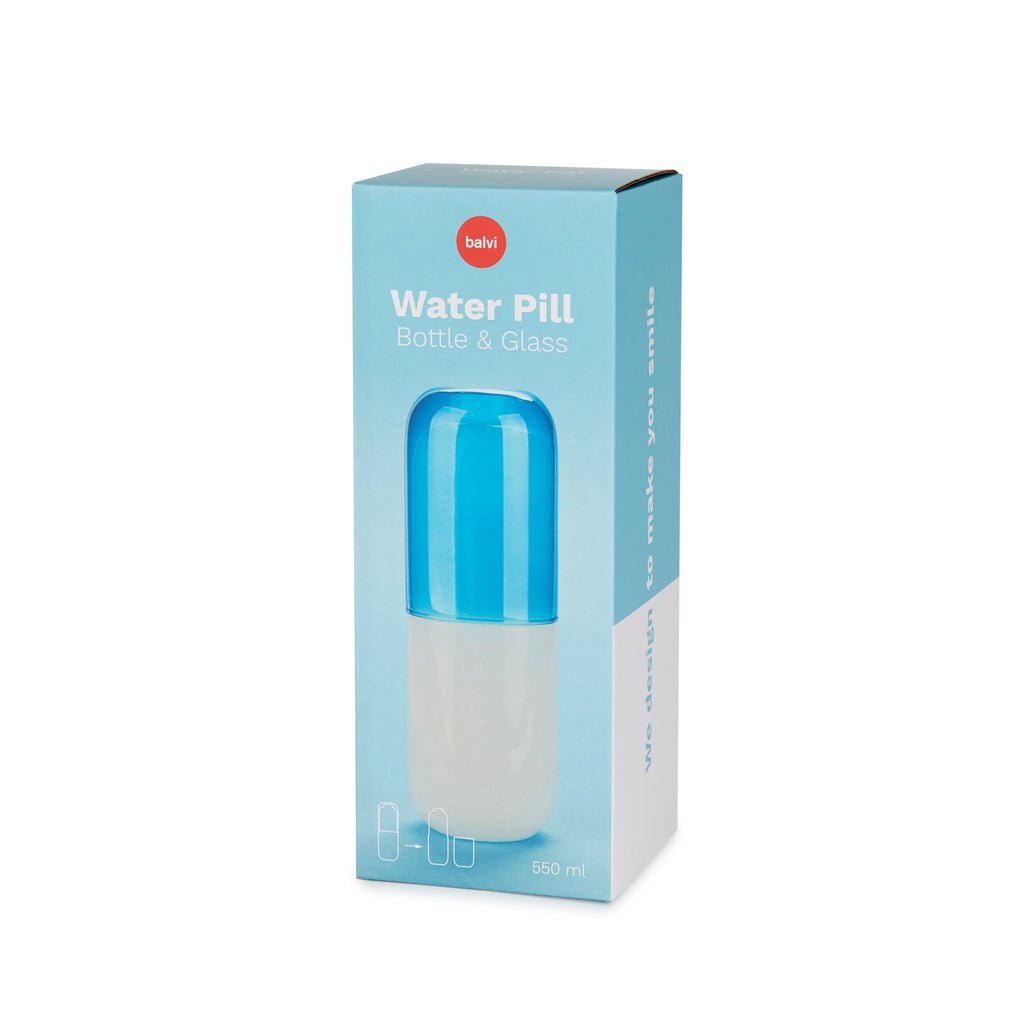 Balvi Water Pill Hap Tasarımlı 550 ml Cam Şişe ve Bardak Seti, Beyaz/Mavi - Görsel 5