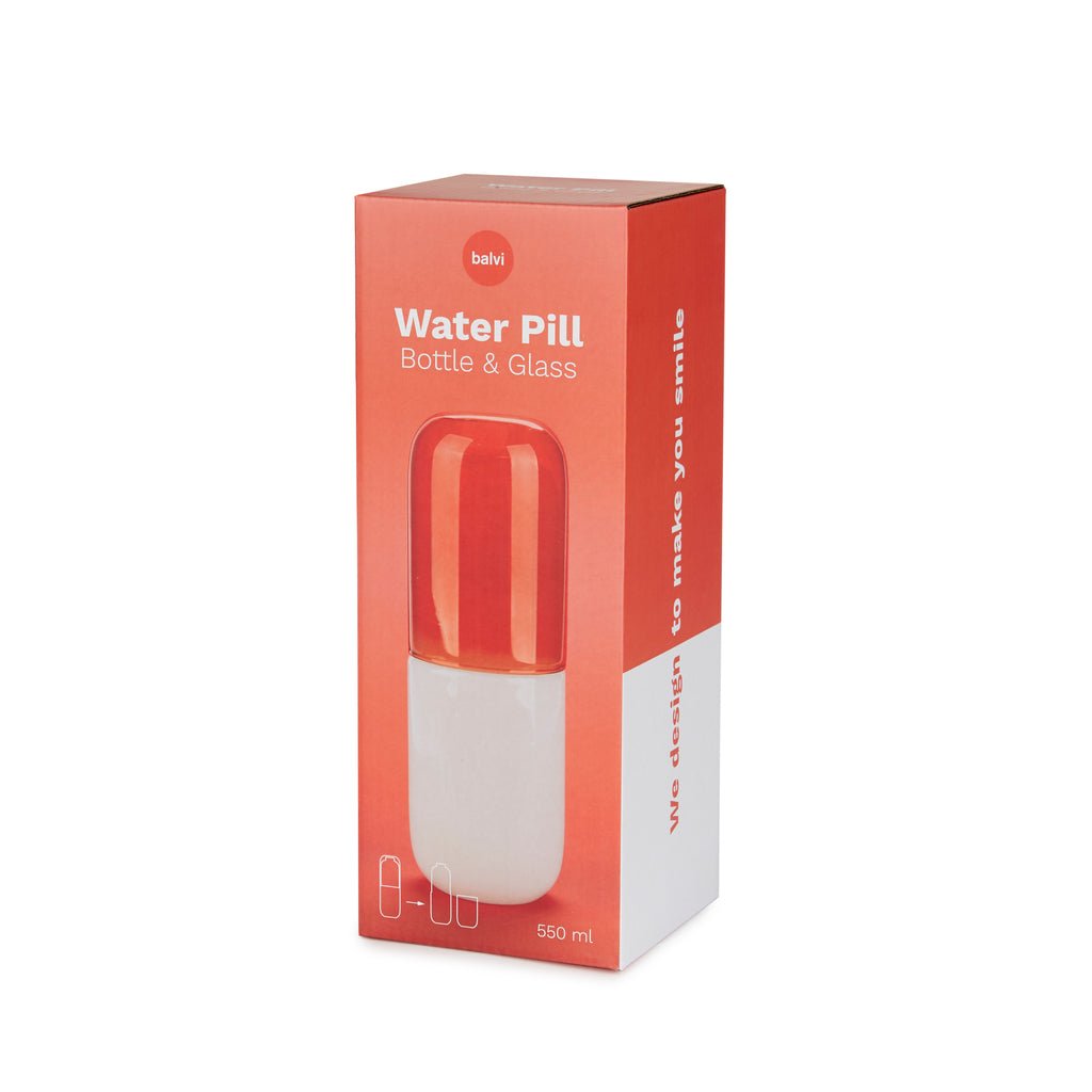 Balvi Water Pill Hap Tasarımlı 550 ml Cam Şişe ve Bardak Seti, Beyaz/Kırmızı - Görsel 5