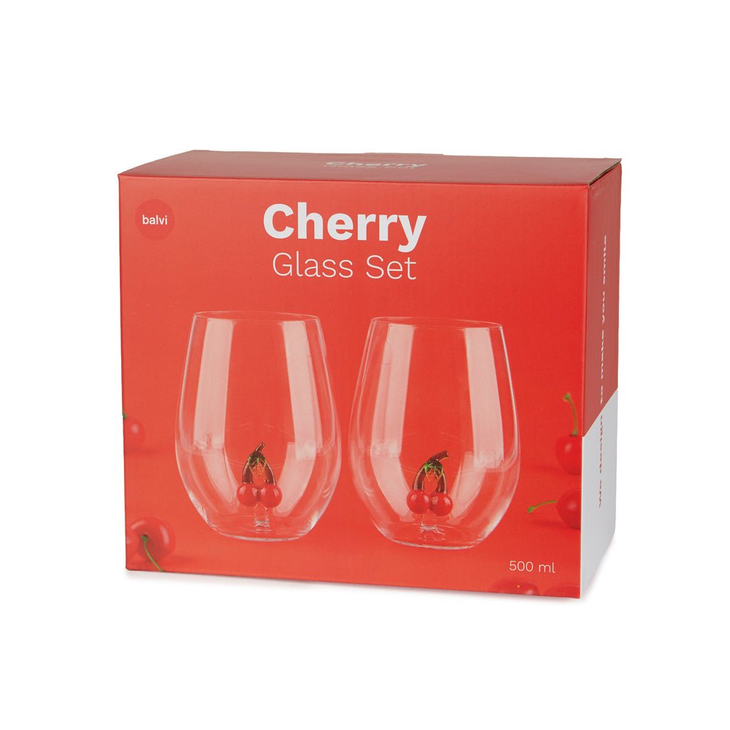 Balvi Botanical Cherry Kiraz Detaylı 2’li Borosilikat Cam Bardak Seti, Şeffaf/Kırmızı - Görsel 5